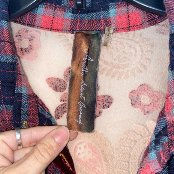 Aratta Silent Journey Womens Top Sz Medium Plaid Mixed Media Velvet Burnout - Picture 14 of 14